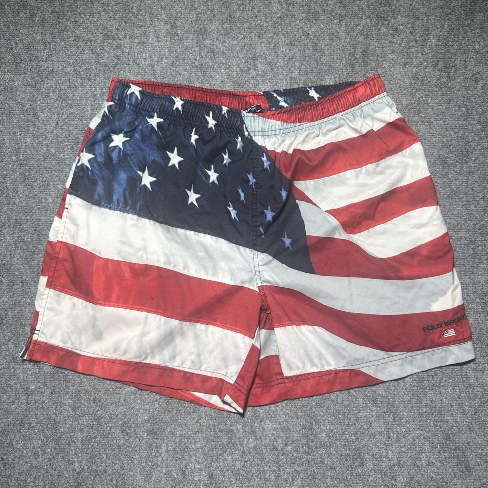 Vintage Polo Sport Ralph Lauren Men XL Swim Trunks USA Flag Print Mesh Lined
